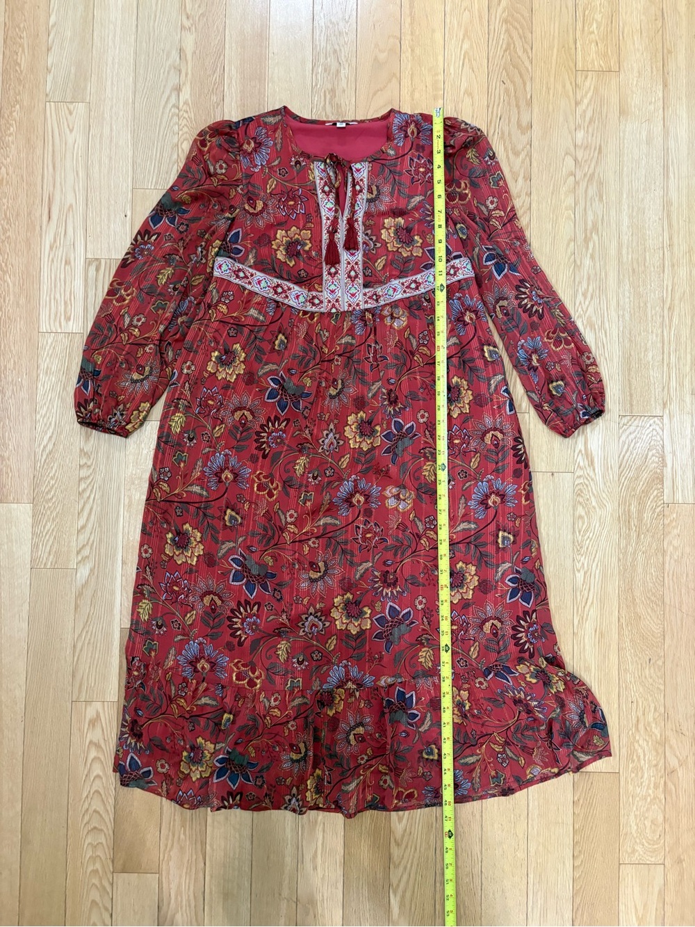 Frye & Co Boho Rust Floral Metallic Pintuck Midi Dress Cottagecore Peasant Sz XS - Picture 5 of 9